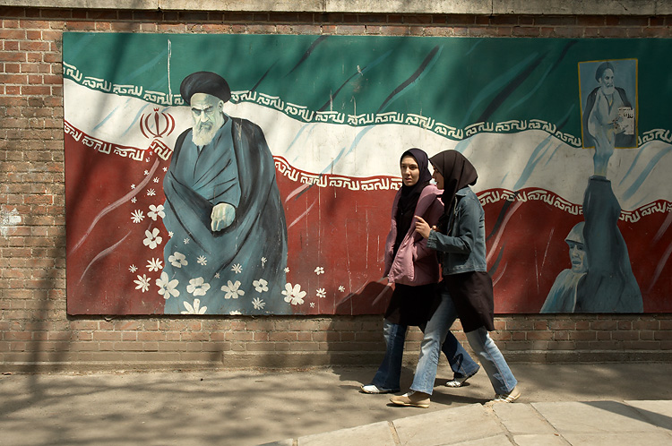 Khomeini outside walls of the Ex-US embassy