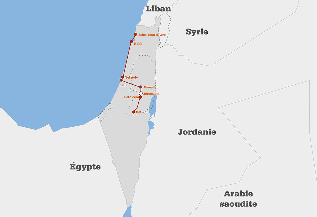 carte de l'itinéraire du voyage en Israël et Palestine
