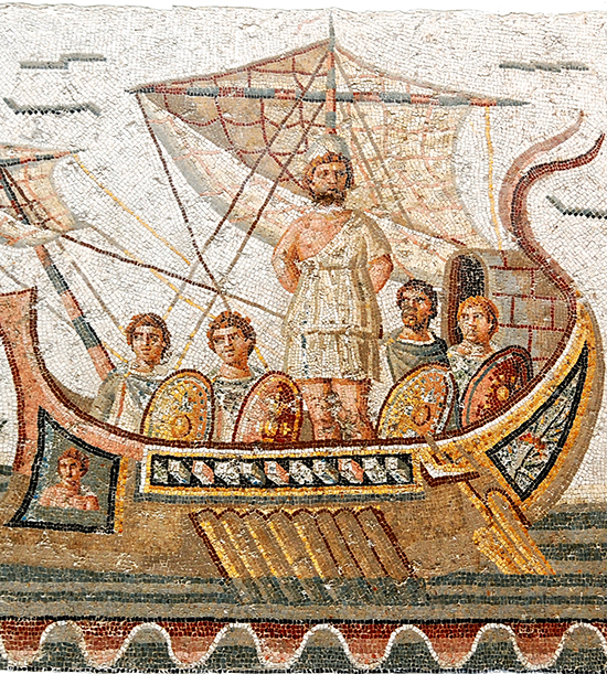 Mosaique représentant Ulysse entouré par ses copains et attaché au poteau de son bateau et il écoute le chant des syrènes