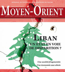 Couverture de la revue Moyen-Orient "Liban: un État en voie de disparition?" representant un drapeau Libanais fissuré