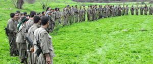 Soldats et soldates kurdes en formation sur un champ vert