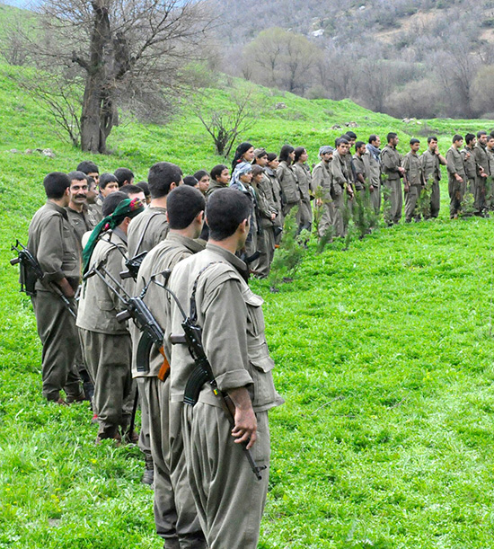 Soldats et soldates kurdes en formation sur un champ vert