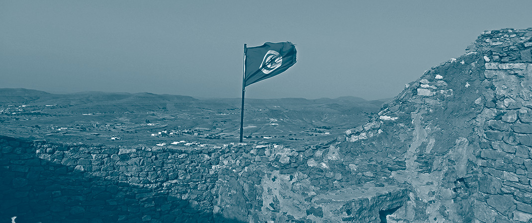 Drapeau tunisien sur un mur délabré dans un panorama désertique