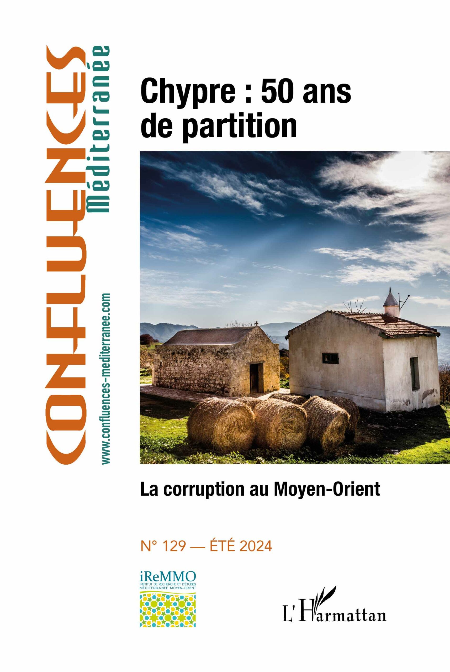 Première de couverture Confluences Méditerranée N°129 Chypre et Corruption Moyen Orient (image d'une église et d'une mosquée)