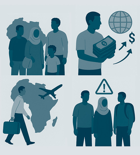 Illustration composée de 4 scènes représentant un jeune de tient de l'argent avec un globe derrière lui, une famille d'immigrés africains au Maghreb, et un hommes d'affaires maghrebin qui prend l'avion