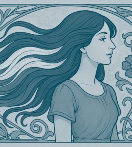 Illustration représentant une femme iranienne avec les cheveux des couleurs du drapeau iranien secoués par le vent. derrière elle une trame florale