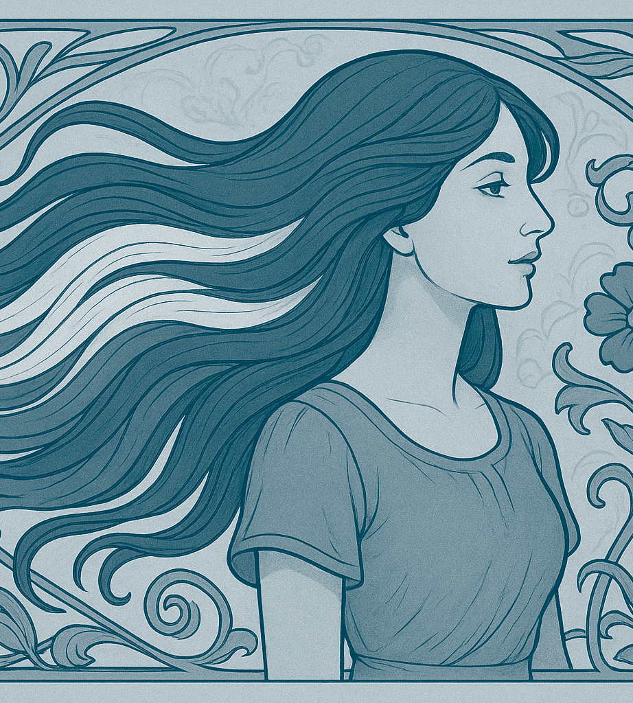 Illustration représentant une femme iranienne avec les cheveux des couleurs du drapeau iranien secoués par le vent. derrière elle une trame florale