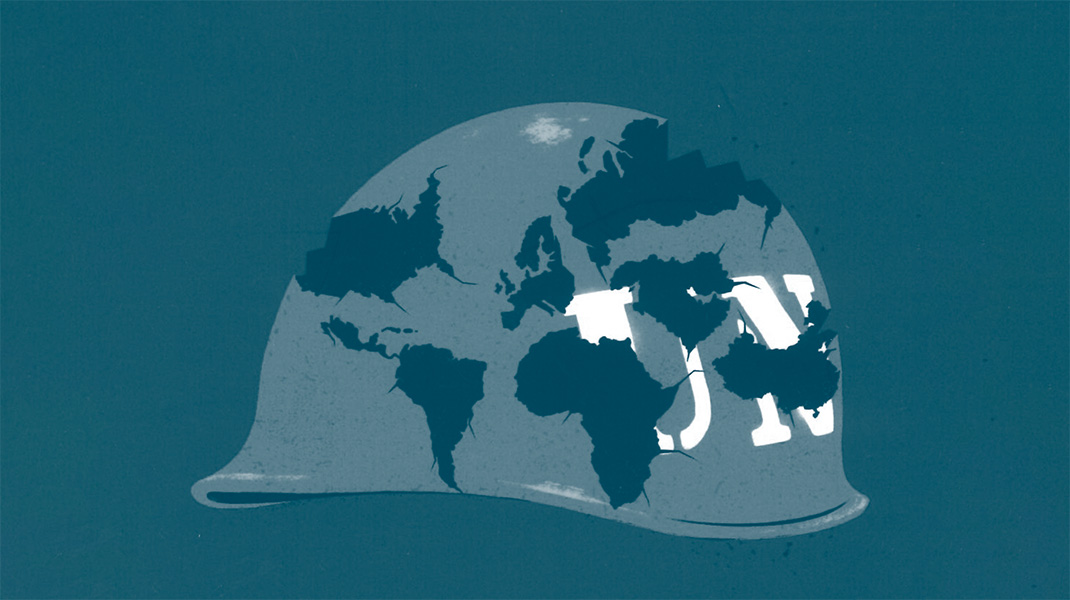 dessin d'un casque bleu des nations unies avec une carte du monde dessus