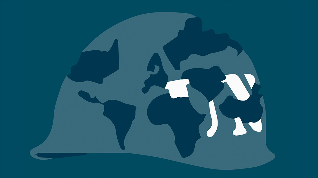 dessin d'un casque bleu des nations unies avec une carte du monde dessus