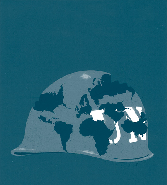 dessin d'un casque bleu des nations unies avec une carte du monde dessus