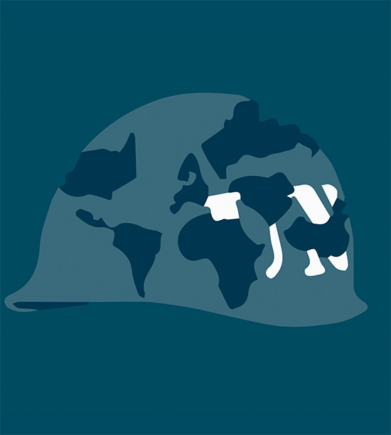 dessin d'un casque bleu des nations unies avec une carte du monde dessus