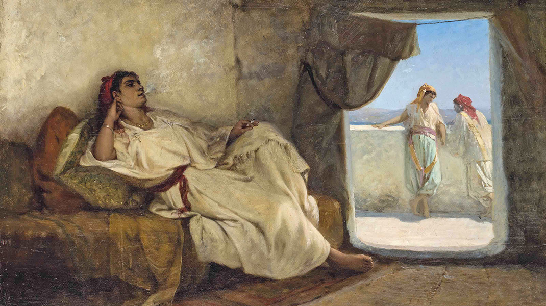 peinture du XIX siècle représentant une femme arabe qui fume dans un harem allongée sur des coussins