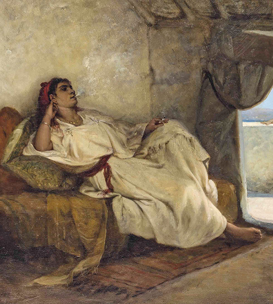 peinture du XIX siècle représentant une femme arabe qui fume dans un harem allongée sur des coussins