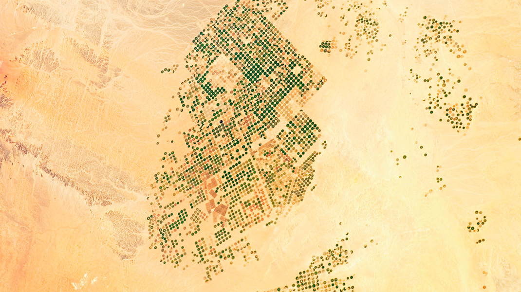Champs vus depuis la Station spatiale internationale dans la vallée de Sirhan en Arabie près de la ville de Sakaka