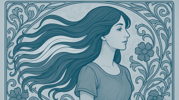 Illustration représentant une femme iranienne avec les cheveux des couleurs du drapeau iranien secoués par le vent. derrière elle une trame florale