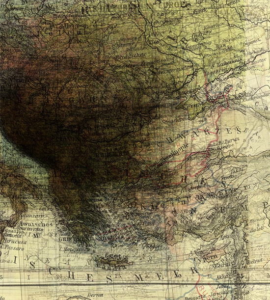 carte ancienne des Balkans au temps de l'empire ottoman superposée sur une autre carte des Balkans